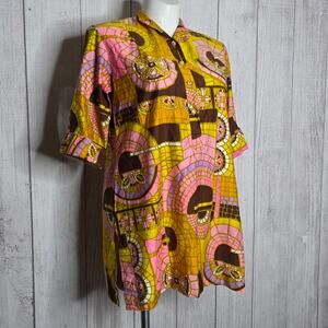 Vintage 1960s Penthouse Gallery Japan Mod Tunic Dress Pink Brown Geometric XL